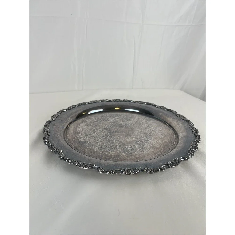 Vintage Silver-Plated Serving Tray Round Ornate Rim Engraved April 1976